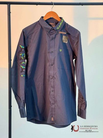 ARIAT TEAM LOGO TWILL DARK GRAY FITTED LONG SLEEVE SHIRT 8718