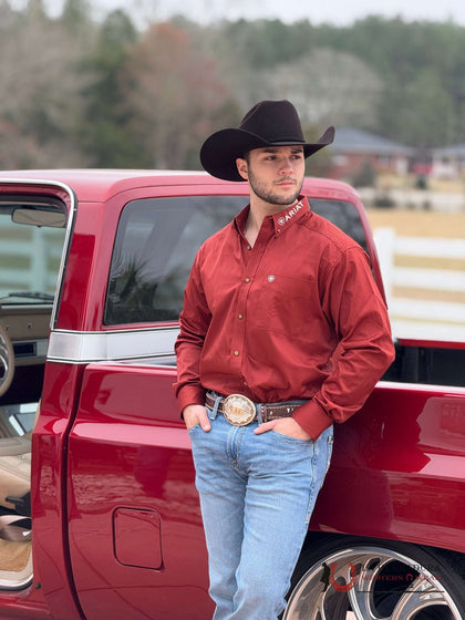 ARIAT TEAM LOGO TWILL LONG SLEEVE DARK RED KHAKI CLASSIC FIT- 10055288