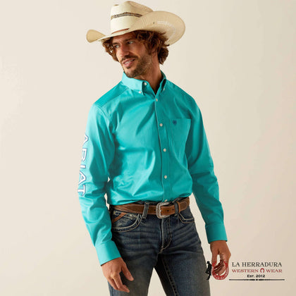 ARIAT TEAM LOGO TWILL LONG SLEEVE SHIRT FITTED TURQUOISE/BLUE - 10055407