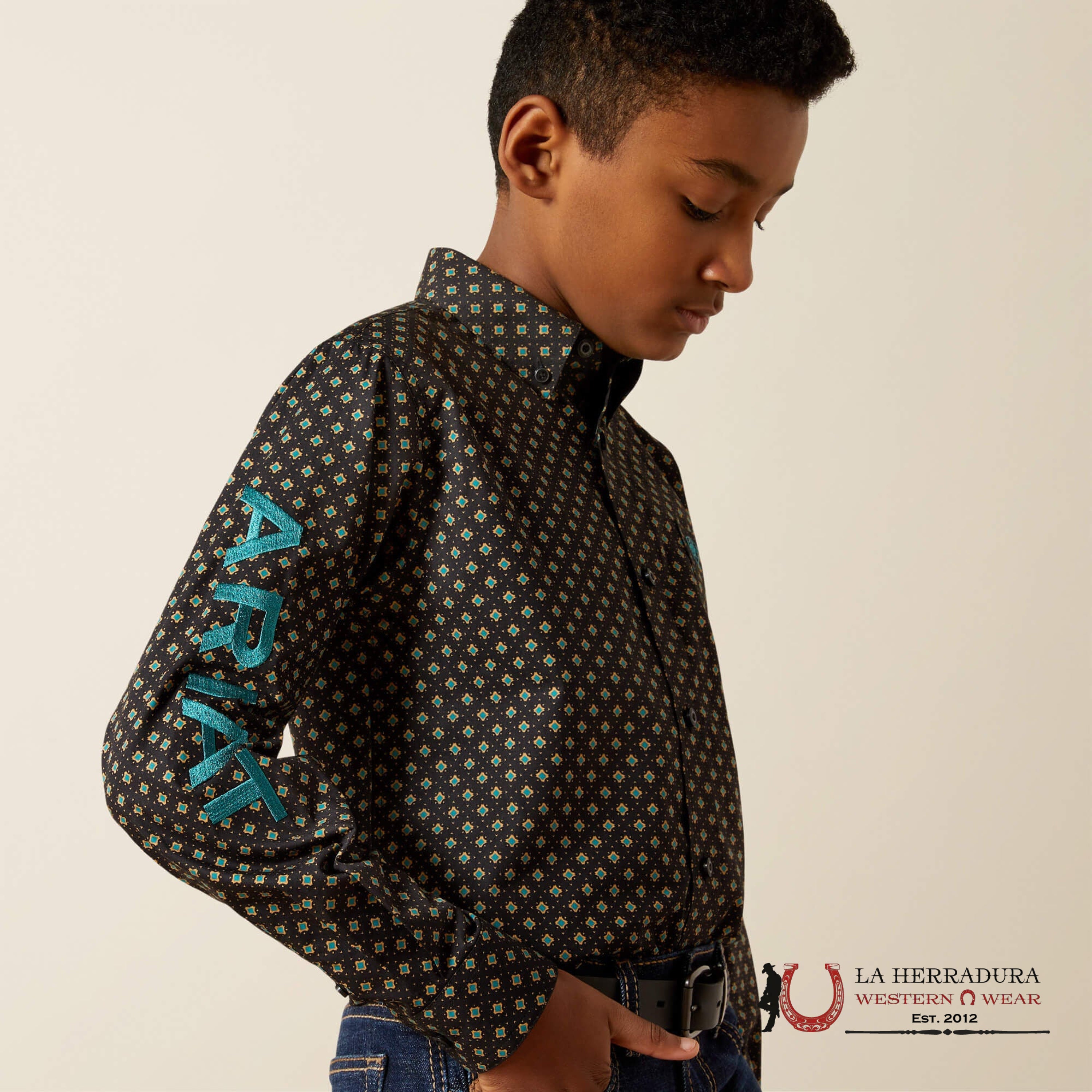 ARIAT TEAM PHILBERT BLACK/TEAL LS SHIRT 10062397 NIÑOS
