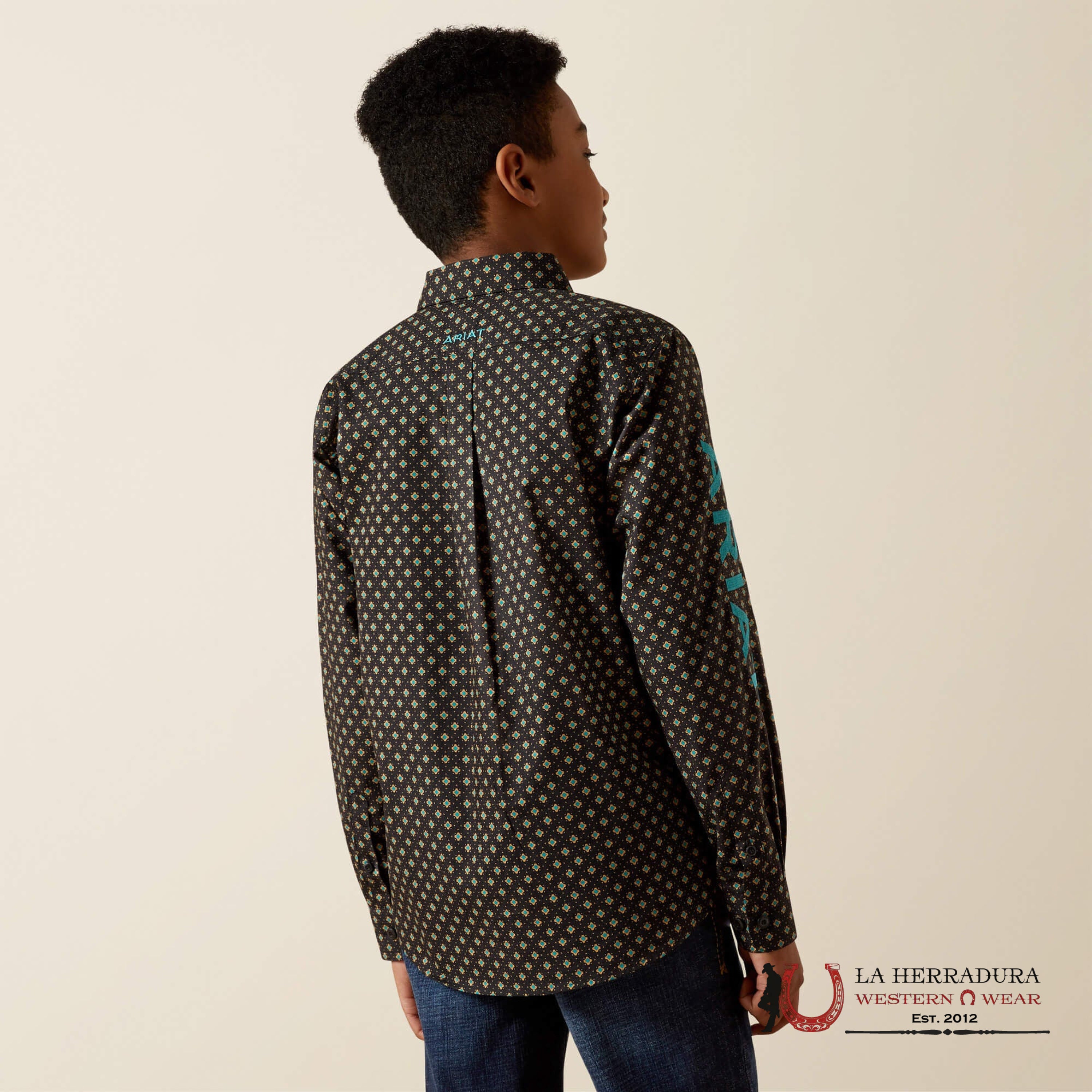 ARIAT TEAM PHILBERT BLACK/TEAL LS SHIRT 10062397 NIÑOS