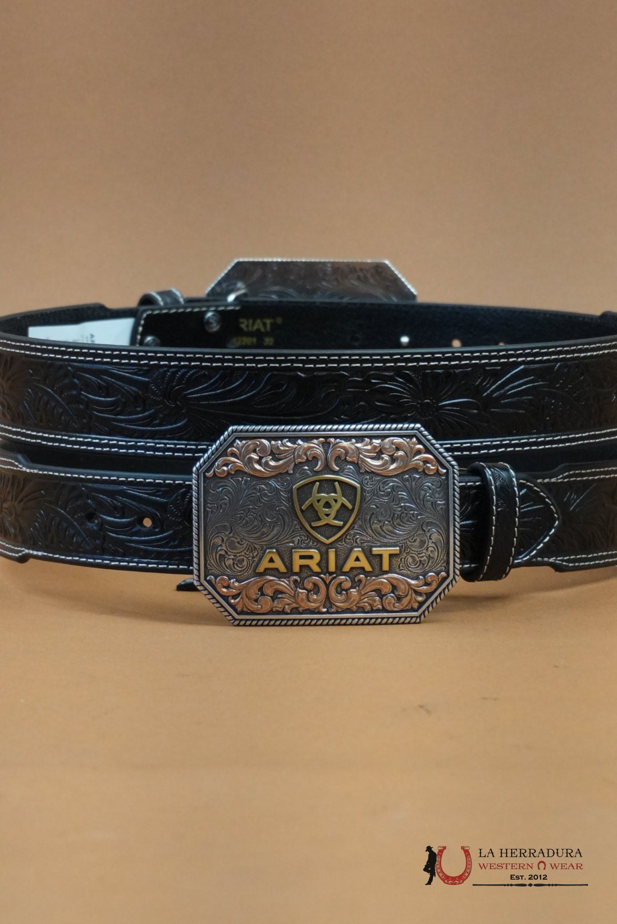 ARIAT UNISEX BELT HAND TOOLED BLACK SILVER/GOLD BUCKLE CINTURONES HOMBRES