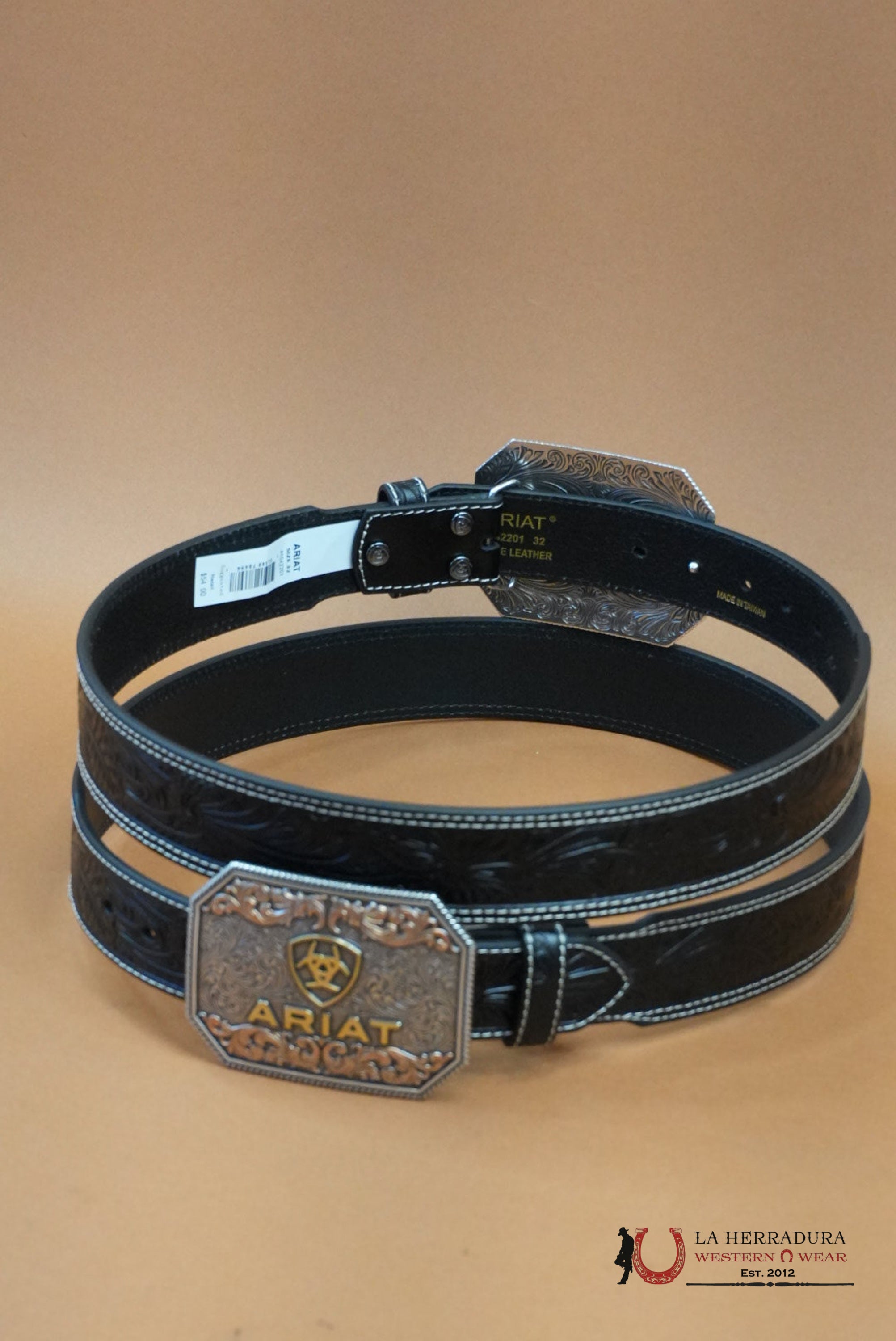 ARIAT UNISEX BELT HAND TOOLED BLACK SILVER/GOLD BUCKLE CINTURONES HOMBRES
