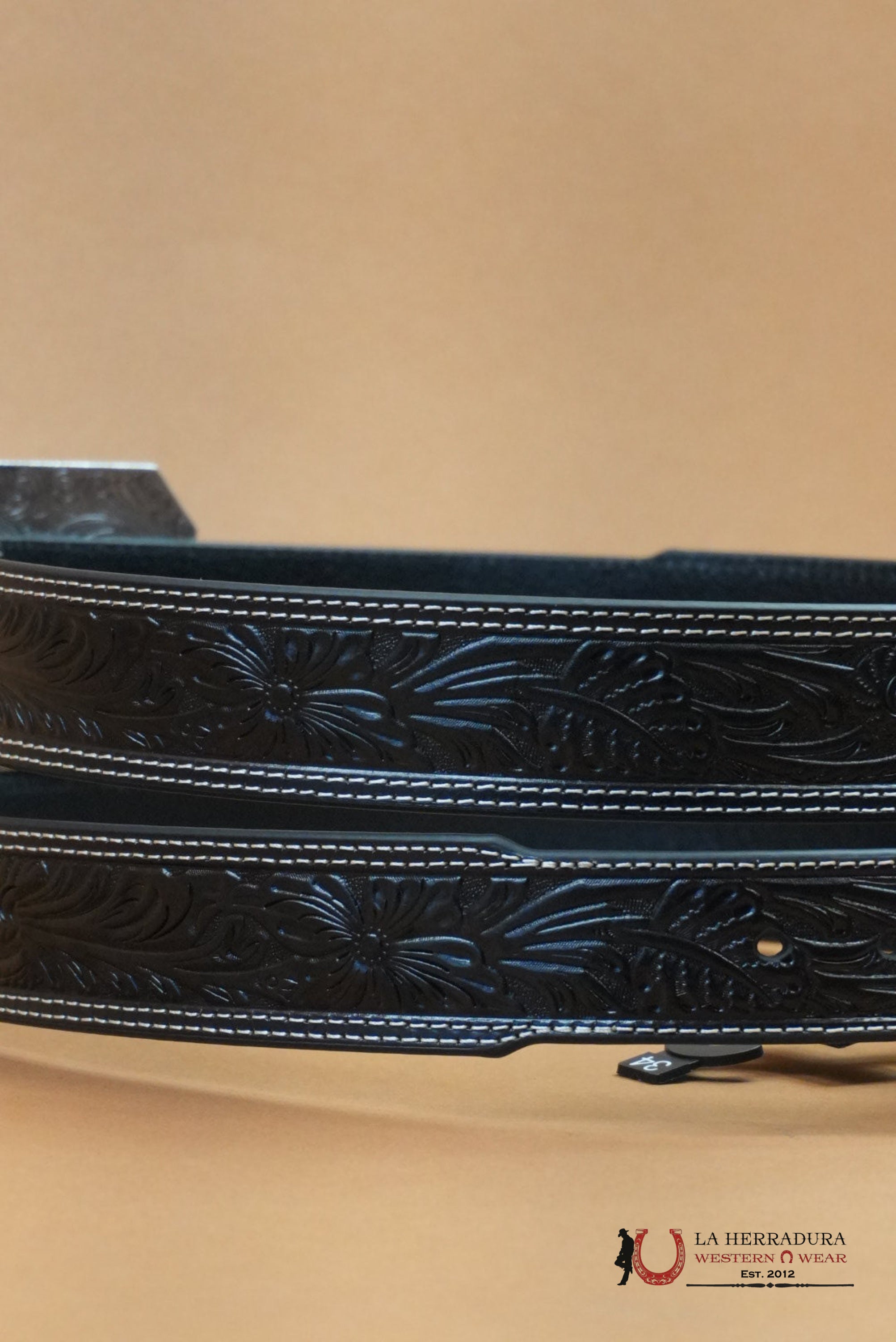 ARIAT UNISEX BELT HAND TOOLED BLACK SILVER/GOLD BUCKLE CINTURONES HOMBRES