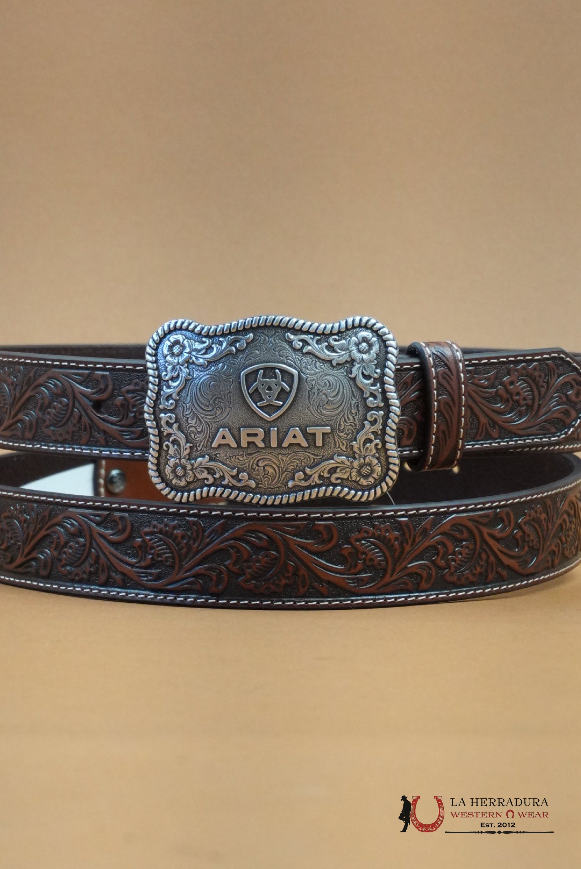 ARIAT UNISEX BELT HAND TOOLED DARK BROWN SILVER BUCKLE CINTURONES HOMBRES