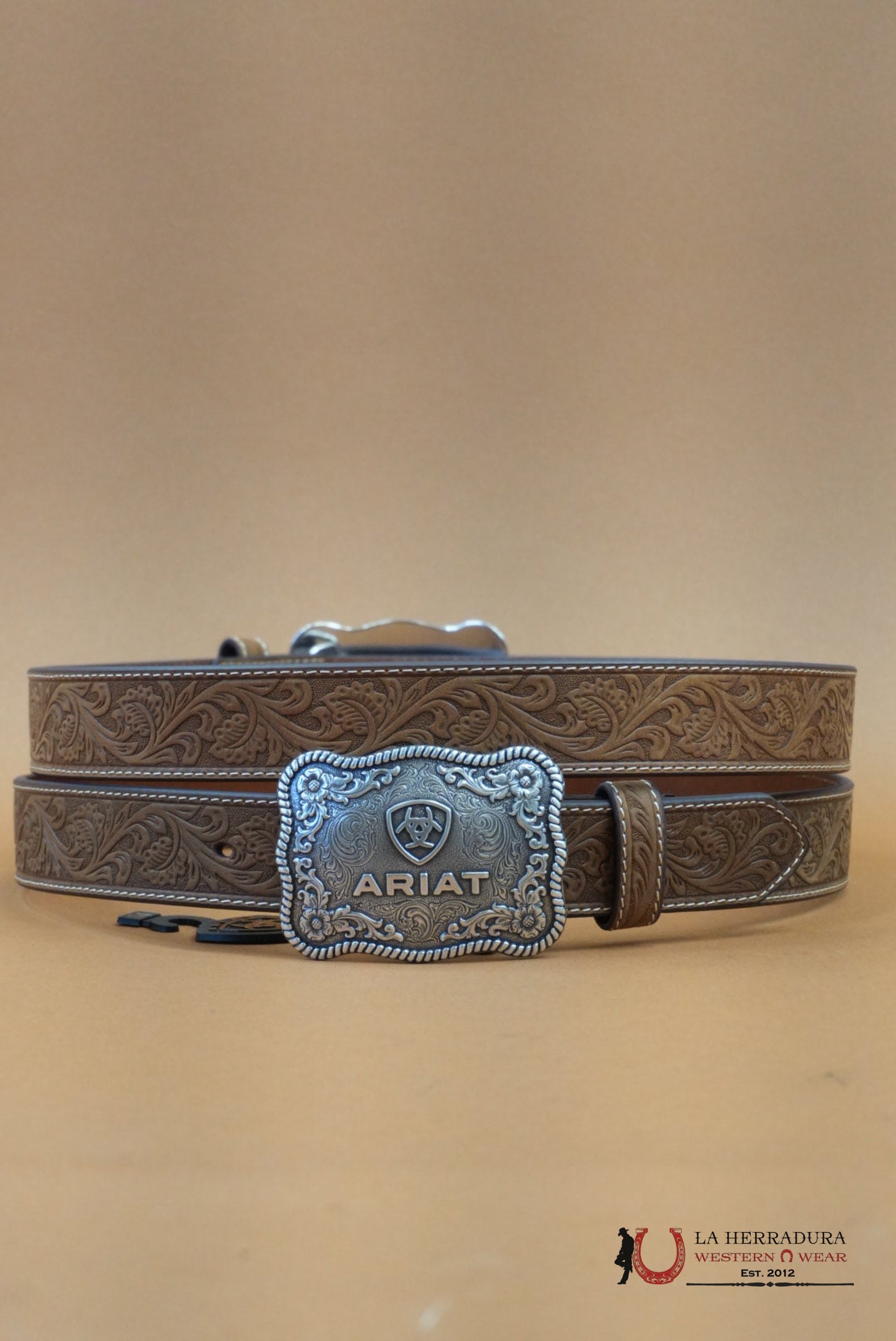 ARIAT UNISEX BELT HAND TOOLED LIGHT SAND SILVER BUCKLE CINTURONES HOMBRES