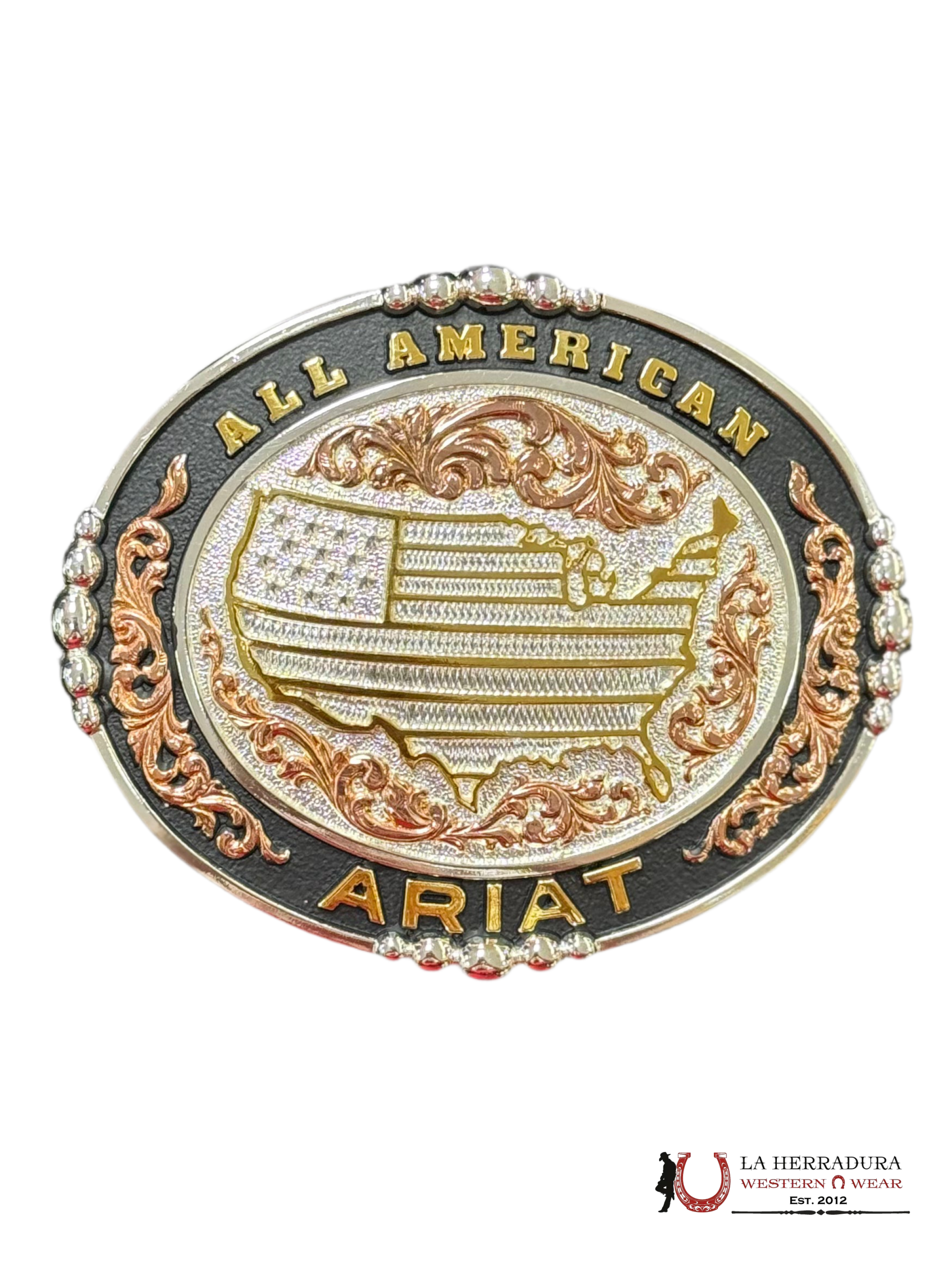 ARIAT USA FLAG BLACK AND GOLD DETAILS ROUND BUCKLE A37059 ACCESORIOS
