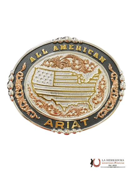 ARIAT USA FLAG BLACK AND GOLD DETAILS ROUND BUCKLE A37059
