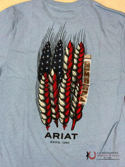 ARIAT WHEAT FLAG SHORT SLEEVE LIGHT BLUE HEATHER T-SHIRT