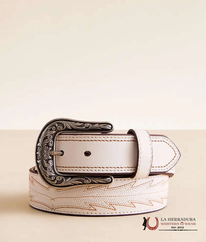 CINTURÓN ARIAT CLÁSICO BLANCO CON BORDADO AZTECA PARA MUJER A1568005