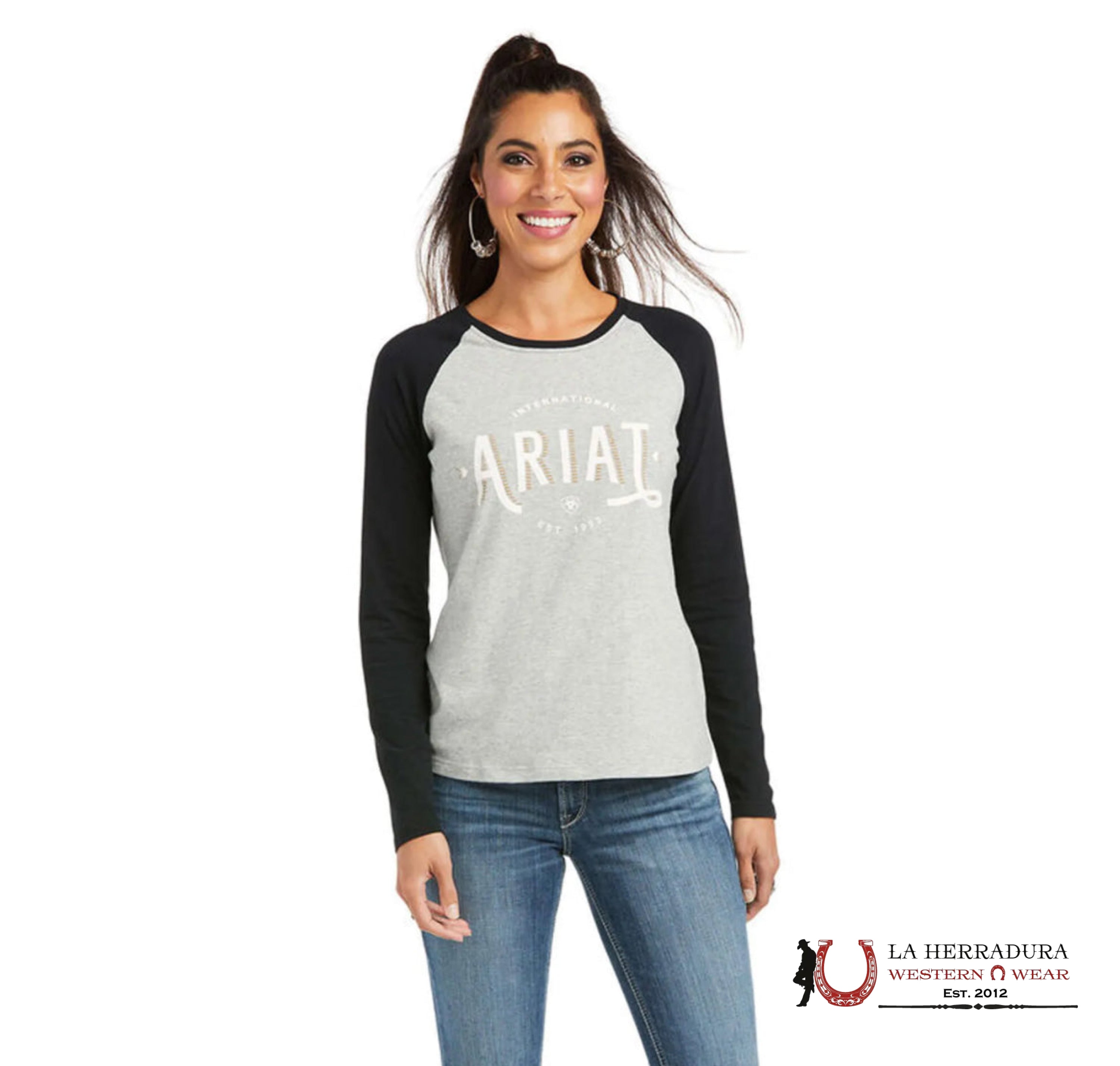 ARIAT WOMEN LONG SLEEVE REAL LOOP BASEBALL HEATHER GREY BLACK 10037360 ROPA MUJERES