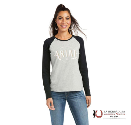 ARIAT WOMEN LONG SLEEVE REAL LOOP BASEBALL HEATHER GREY BLACK 10037360