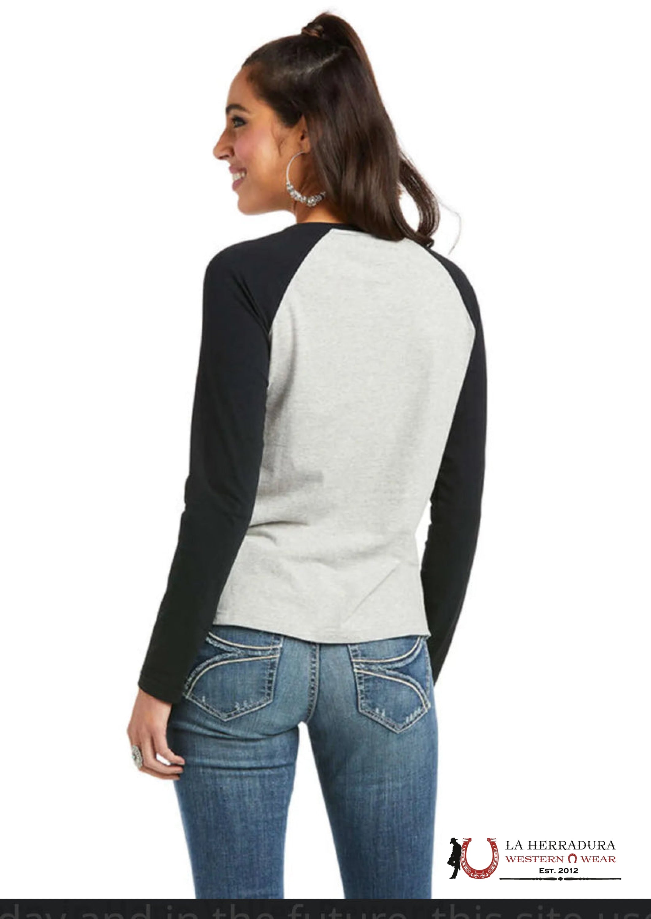 ARIAT WOMEN LONG SLEEVE REAL LOOP BASEBALL HEATHER GREY BLACK 10037360 ROPA MUJERES