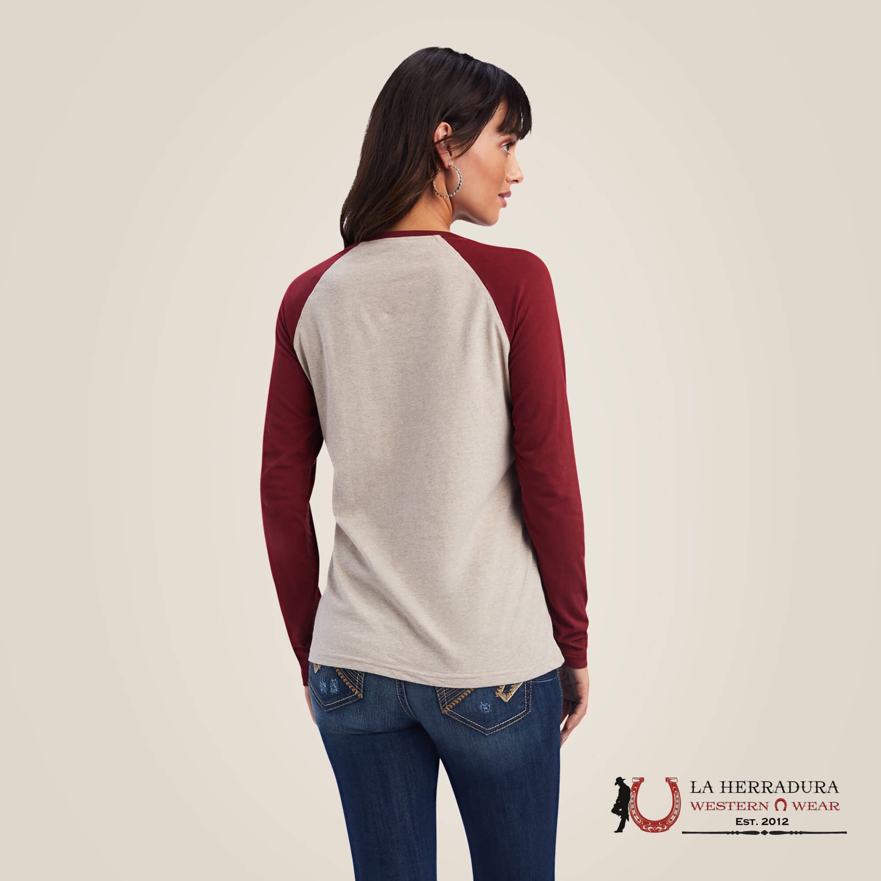 ARIAT WOMEN LONG SLEEVE REAL ROPEY ROSE OATMEAL HEATHER ROUGE RED 10041343 ROPA MUJERES