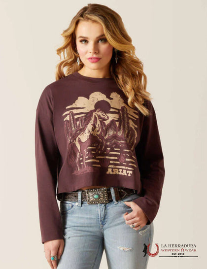 ARIAT WOMEN LONG SLEEVE SHIRT PRUPLE DESERT HORSE CLOVE BROWN 10047409
