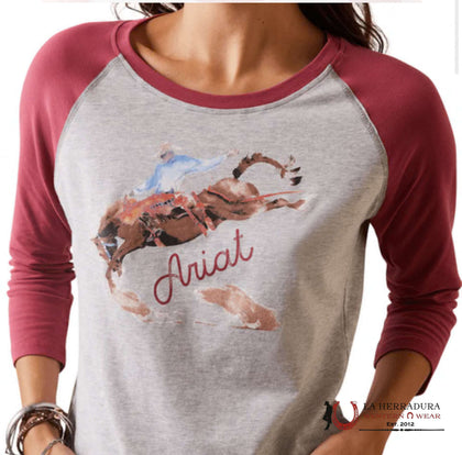 ARIAT WOMEN PAINTED DREAMS LIGHT HEATHER GREY EARTH RED LONG SLEEVE T- SHIRT 10043409