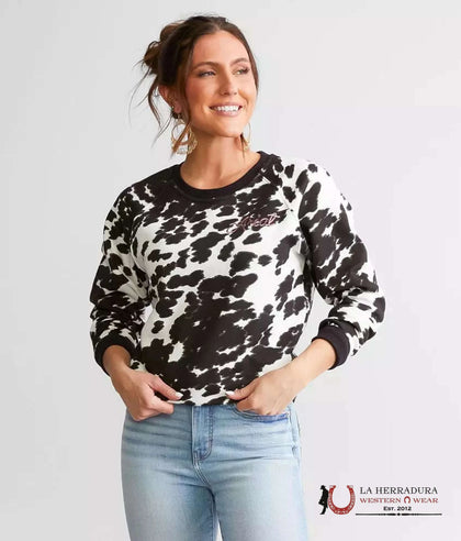 ARIAT WOMEN REAL HIDE CREW SWEATSHIRT HOLSTEIN COW PRINT 10043681