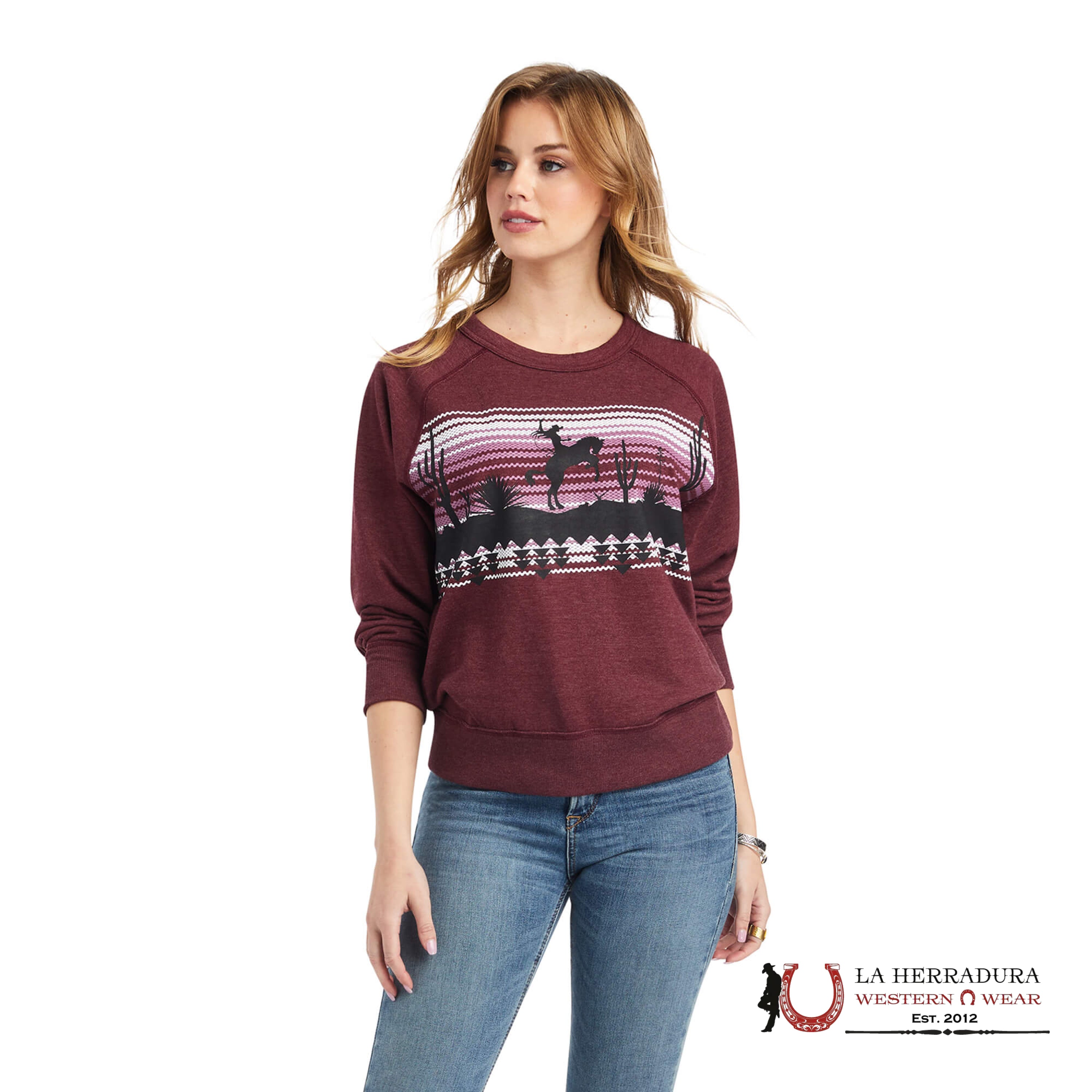ARIAT WOMEN RIDE CREW SWEATSHIRT MAROON BANNER 10042311 ROPA MUJERES
