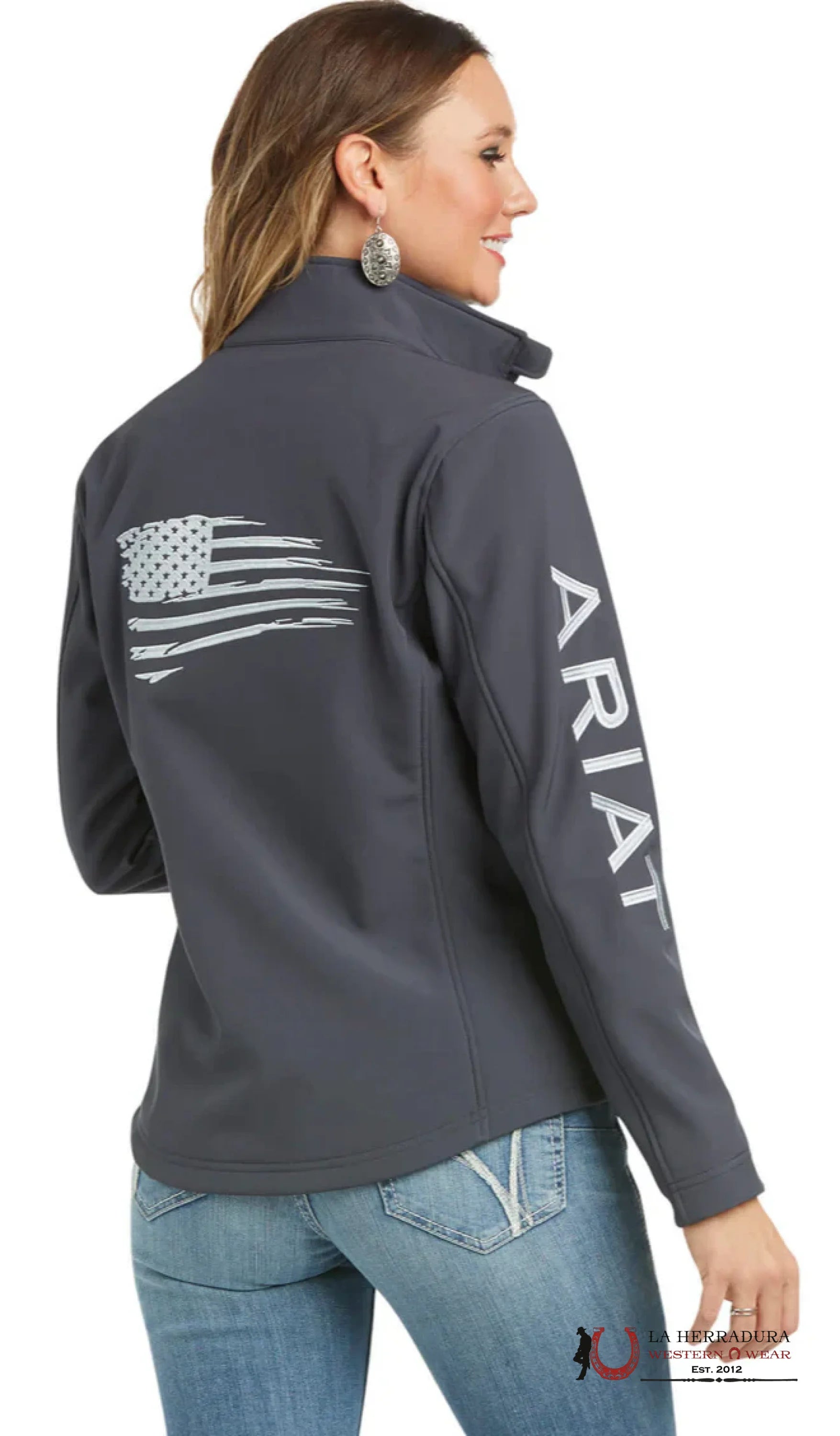 ARIAT WOMEN SOFT SHELL REAL PATRIOT INDIA LNK GREY AMERICA FLAG LOGO 10037438 ROPA MUJERES