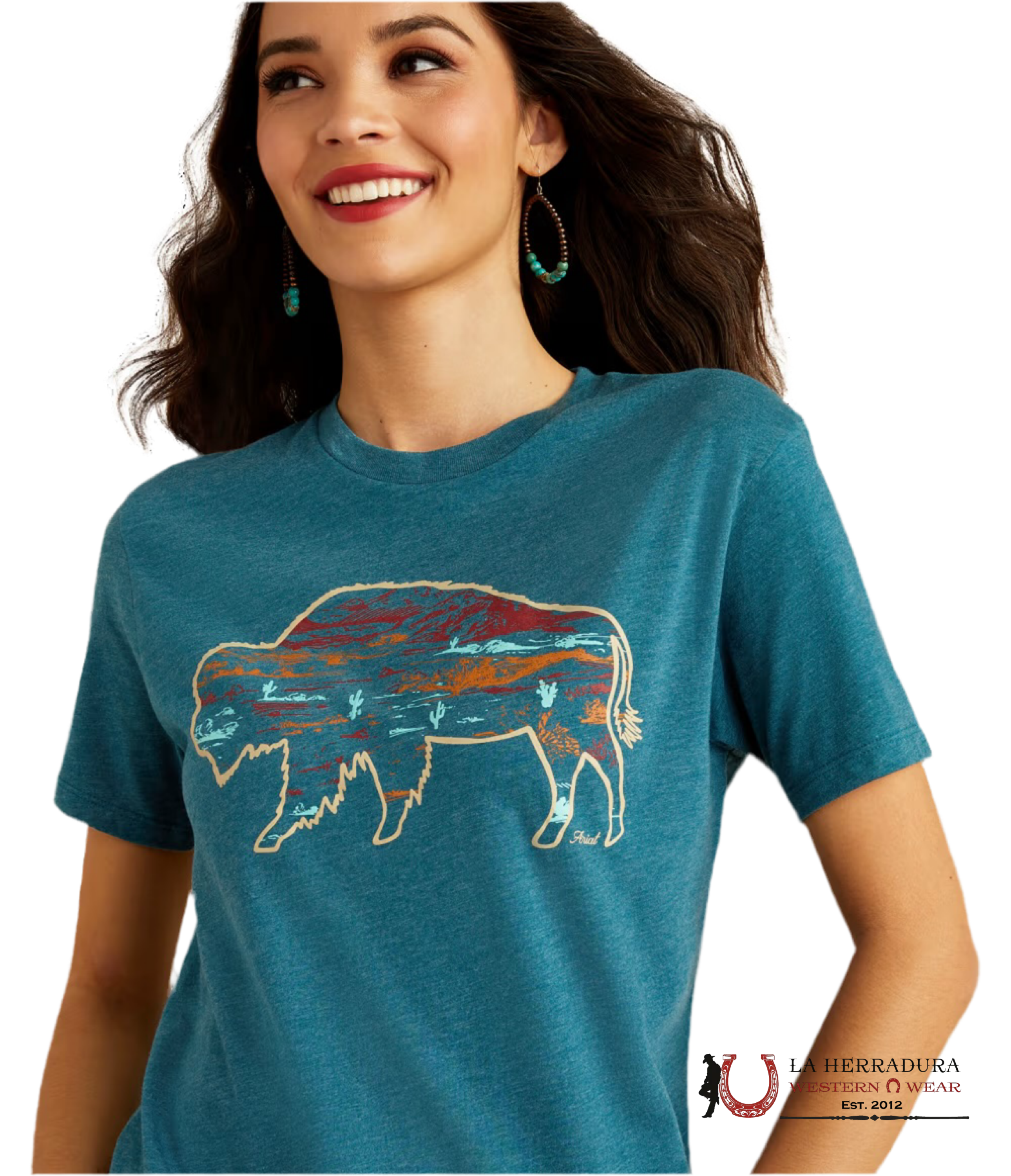 Ariat Women Bison Ranch Short Sleeve Deep Sea Heather Ropa Mujeres