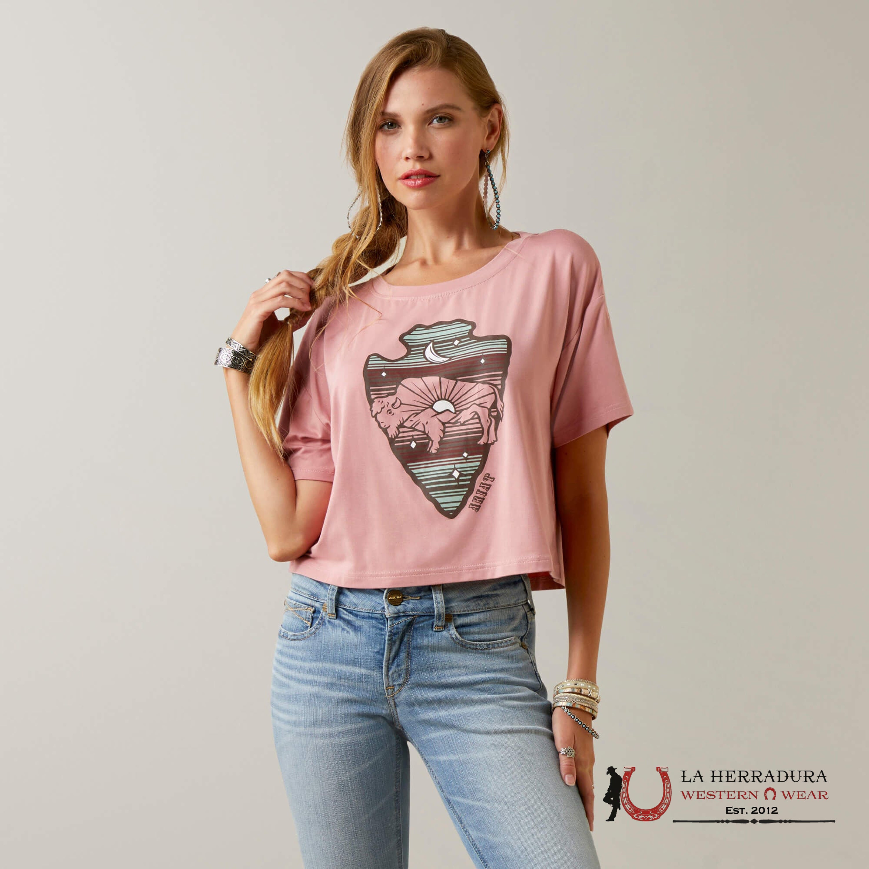 ARIAT WOMEN T-SHIRT BUFFALO RISSING ISLAND BLUSH CROP TOP 10044930 ROPA MUJERES