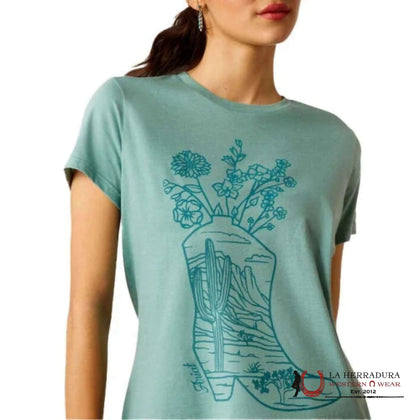 ARIAT WOMEN T-SHIRT GARDEN BOOTS OCEAN BLUE HEATHER-10052546