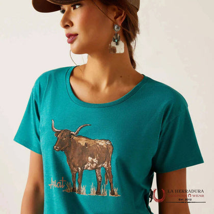 ARIAT WOMEN T-SHIRT LONGHORN WATER COLOR TEAL GREEN HEATHER 10047920