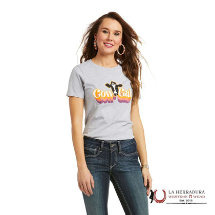 ARIAT WOMEN T- SHIRT RETRO COW GAL ATHLETIC HEATHER  10038634