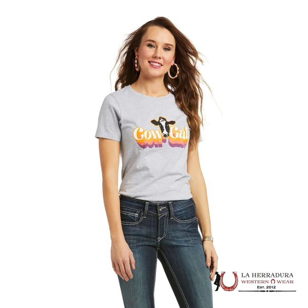 ARIAT WOMEN T- SHIRT RETRO COW GAL ATHLETIC HEATHER  10038634