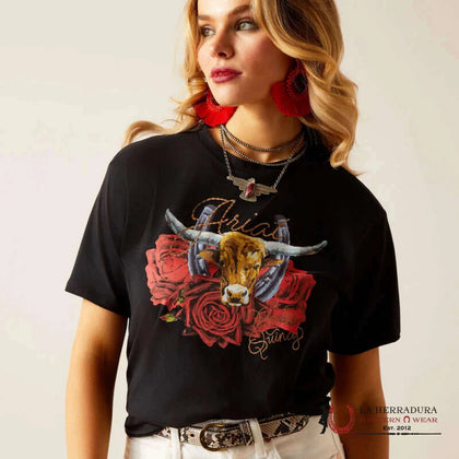 ARIAT WOMEN T-SHIRT STEER RODEO QUINCY BLACK 10048670