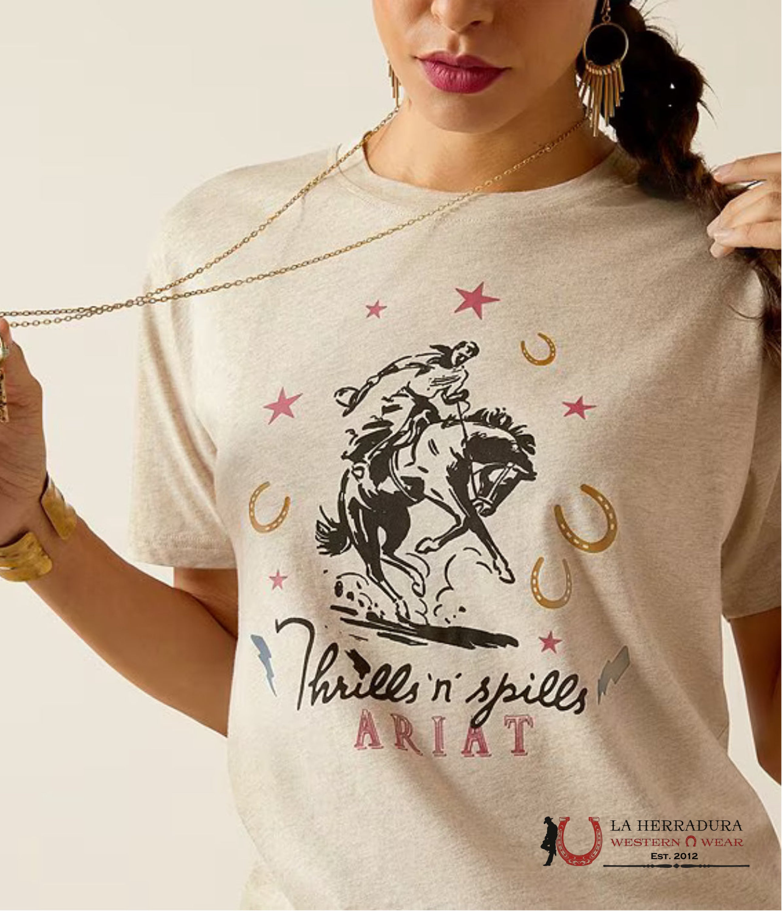 Ariat Women Thrills N Spills Short Sleeve Oatmeal Heather Ropa Mujeres