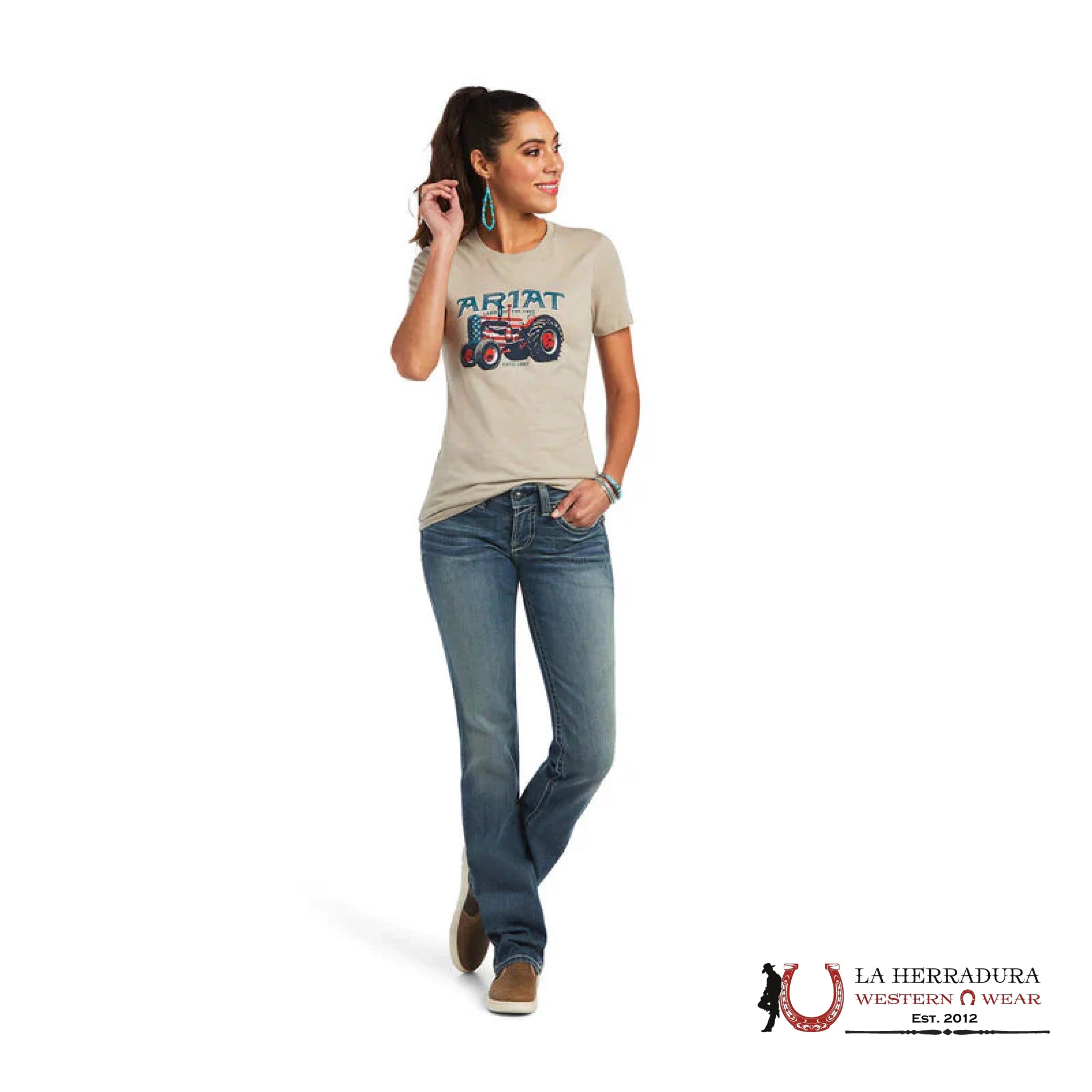 ARIAT WOMEN T-SHIRT TRACTOR USA FLAG KHAKI HEATHER 10040958 ROPA MUJERES
