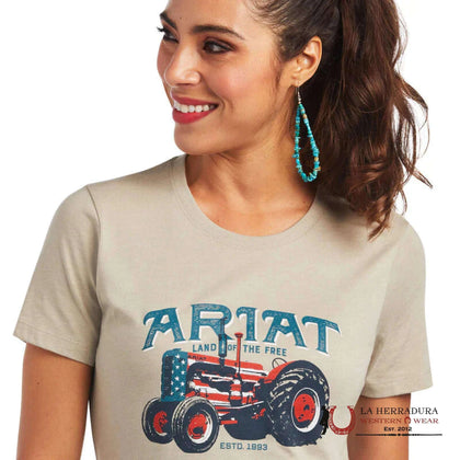 ARIAT WOMEN T-SHIRT TRACTOR USA FLAG KHAKI HEATHER 10040958