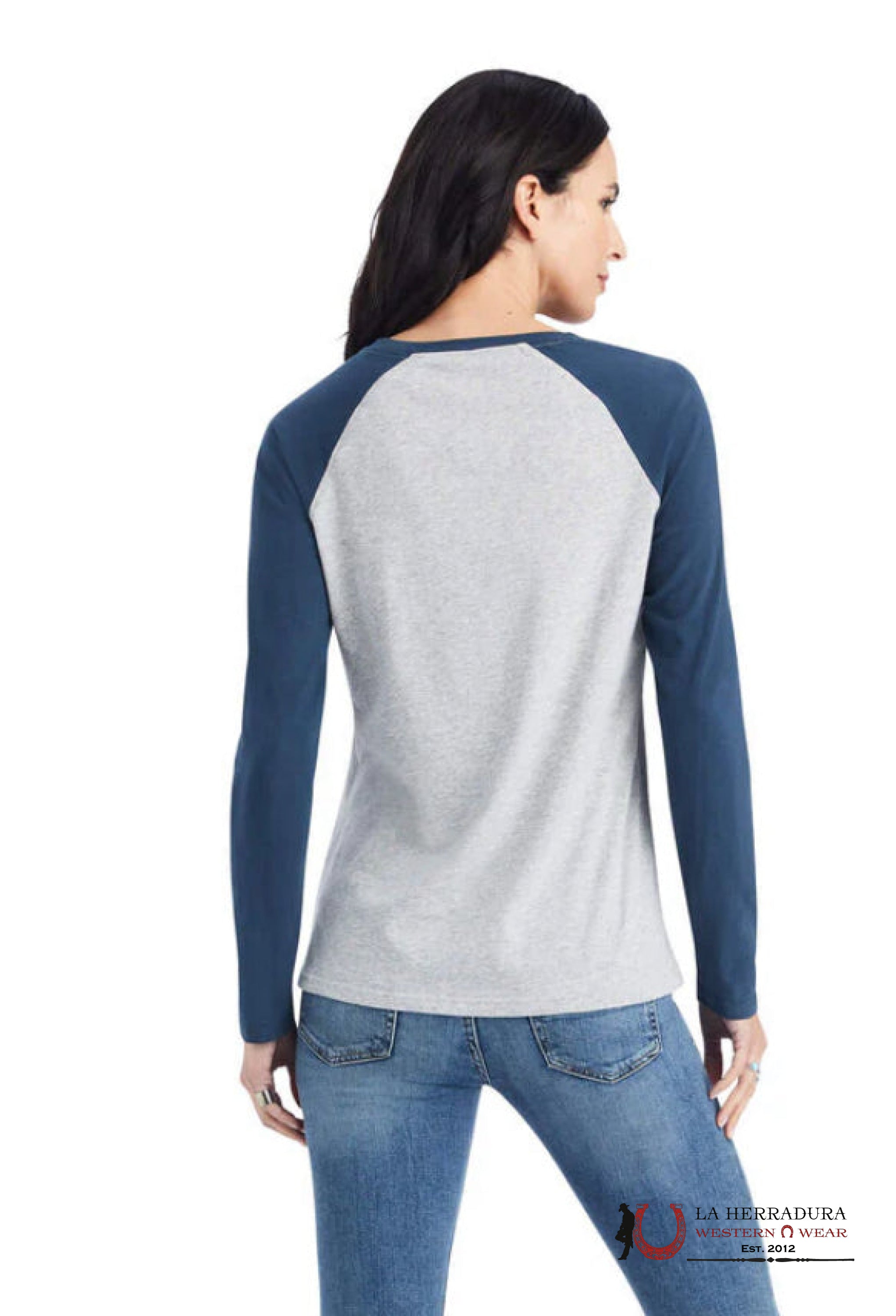 ARIAT WOMENS REAL BASEBALL HEATHER GREY MIDNIGHT BLUE LONG SLEEVE T-SHIRT 10042296 ROPA MUJERES