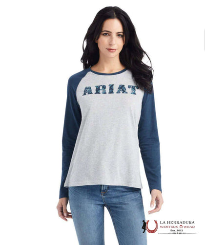 ARIAT WOMENS REAL BASEBALL HEATHER GREY MIDNIGHT BLUE LONG SLEEVE T-SHIRT 10042296