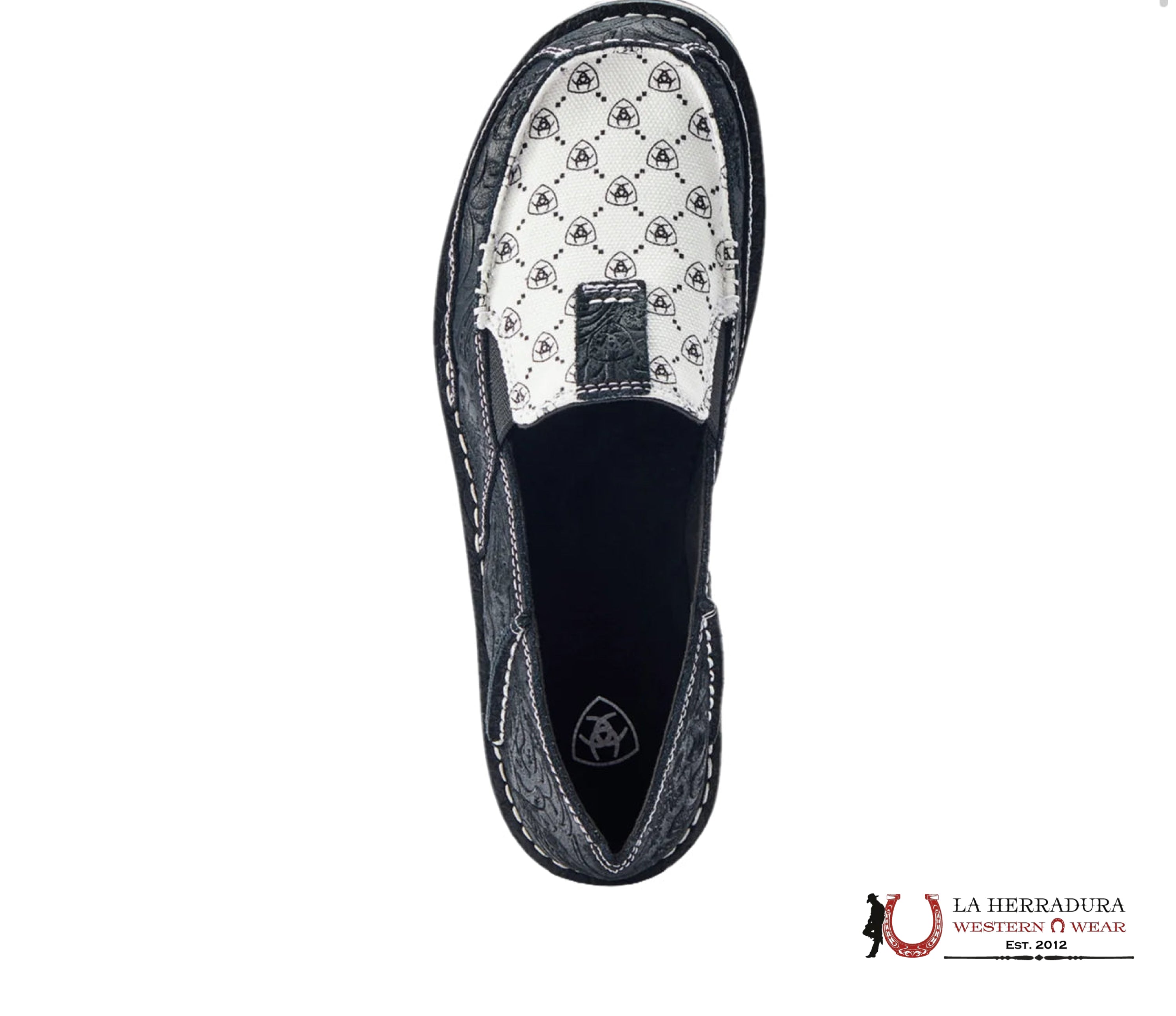 ARIAT WOMENS SLIP ON CRUISER BLACK SUEDE EMBOSS BLACK & WHITE ARIAT LOGO PRINT- 4529 ZAPATOS MUJERES