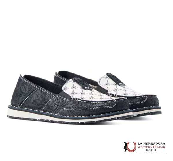 ARIAT WOMENS SLIP ON CRUISER BLACK SUEDE EMBOSS BLACK & WHITE ARIAT LOGO PRINT- 10044529