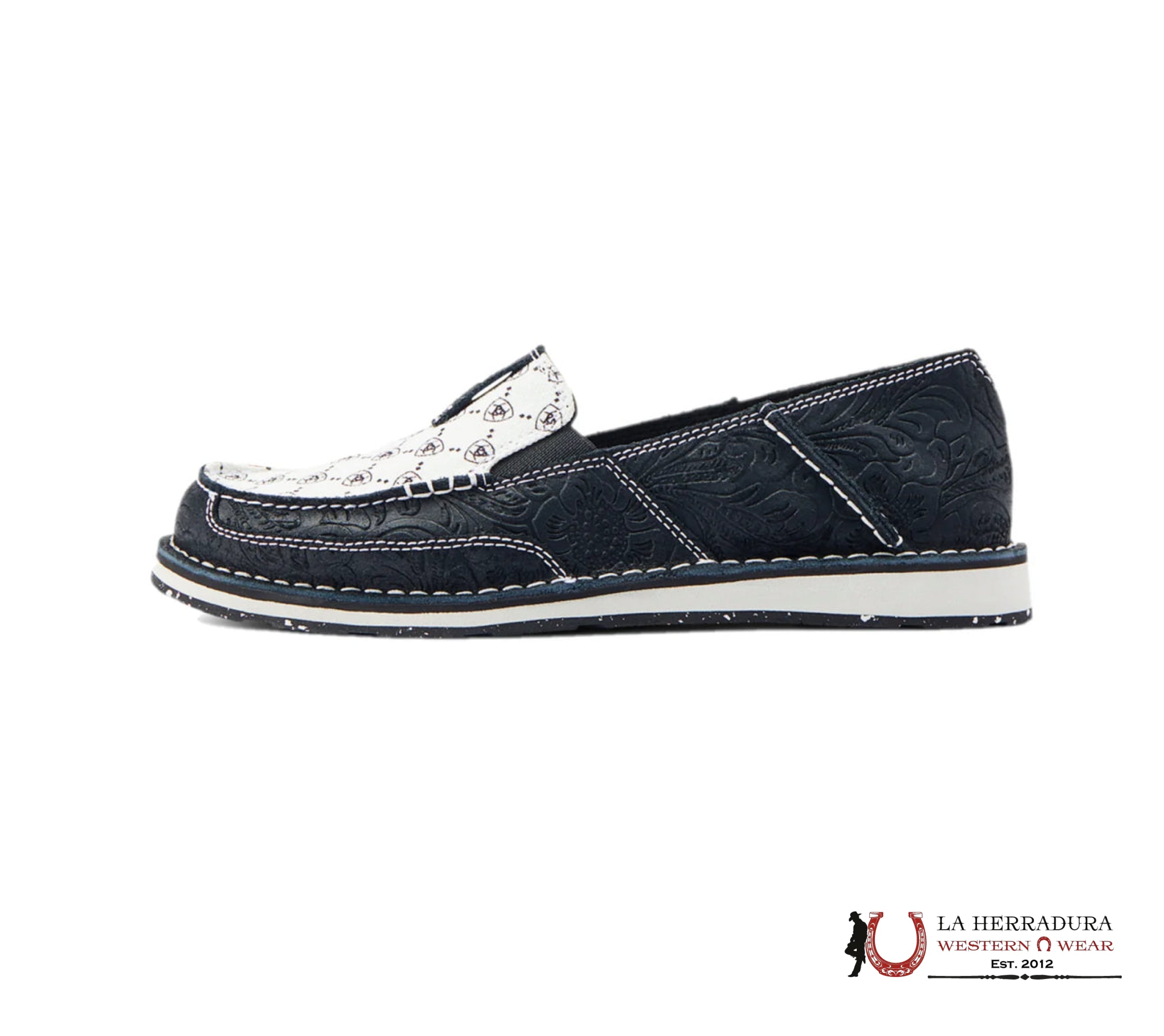 ARIAT WOMENS SLIP ON CRUISER BLACK SUEDE EMBOSS BLACK & WHITE ARIAT LOGO PRINT- 4529 ZAPATOS MUJERES