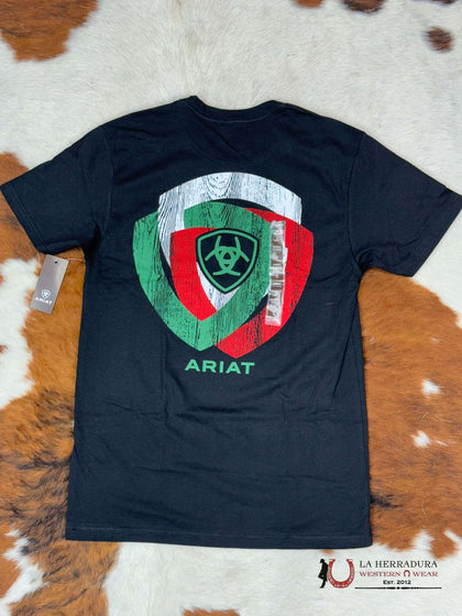 ARIAT WOODEN BADGES MEXICO COLORS SHORT SLEEVE BLACK T-SHIRT