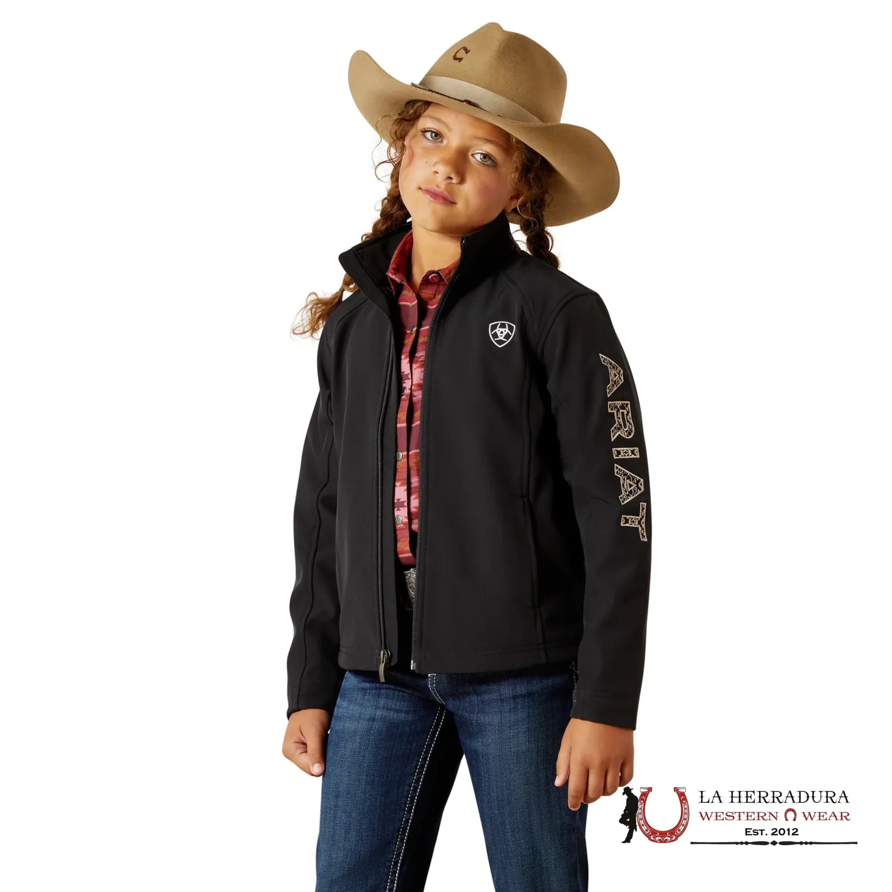 ARIAT YOUTH SOFT SHELL JACKET TEAM LOGO BLACK/SOUTHWEST MINIMAL PRINT 10062867 NIÑOS