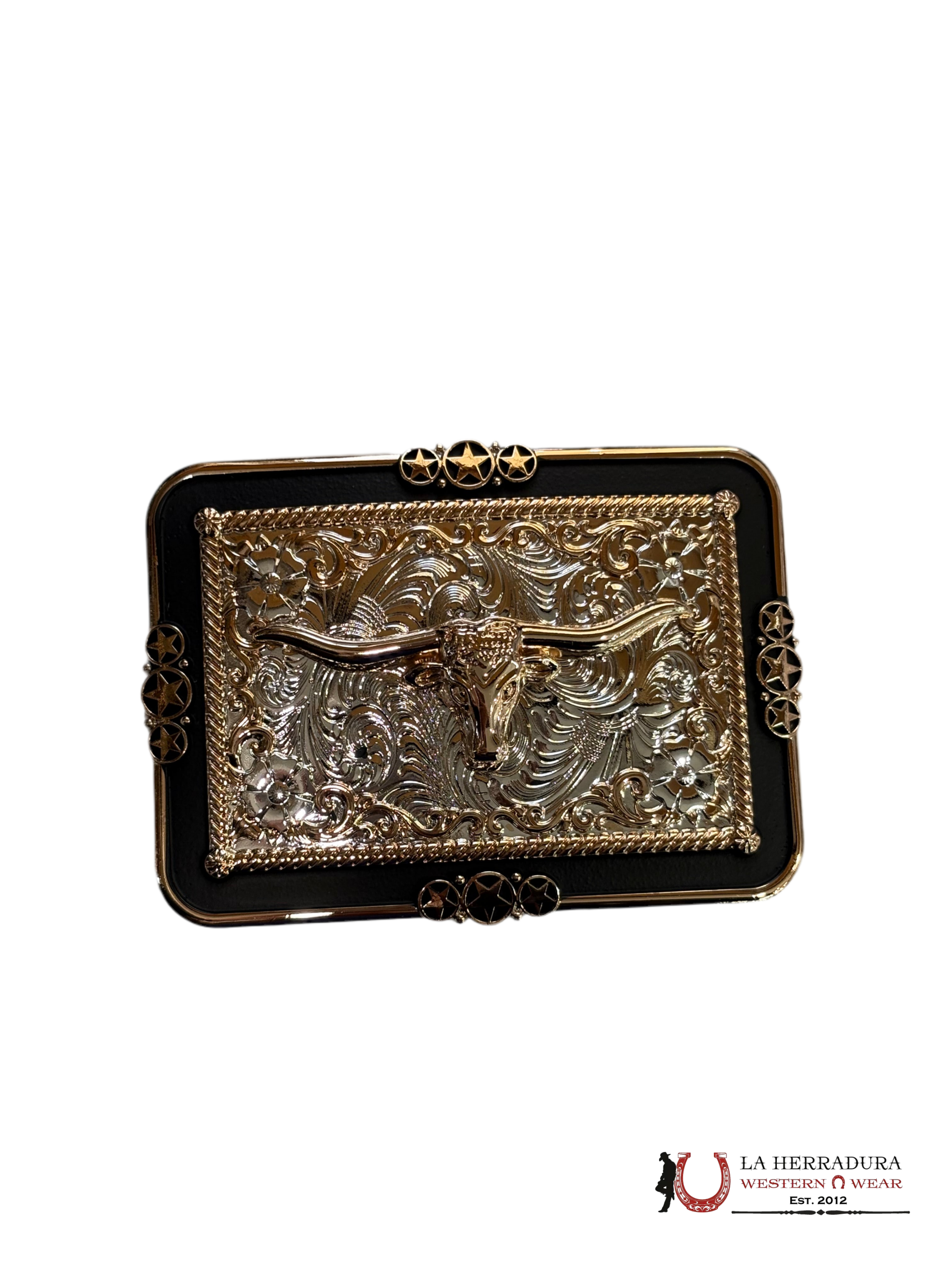 BLACK AND GOLD LONG HORN W/ STAR SQUARE BUCKLE ACCESORIOS