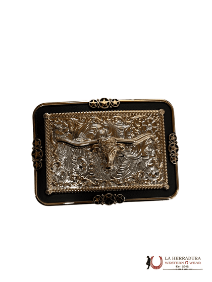 BLACK AND GOLD LONG HORN W/ STAR SQUARE BUCKLE