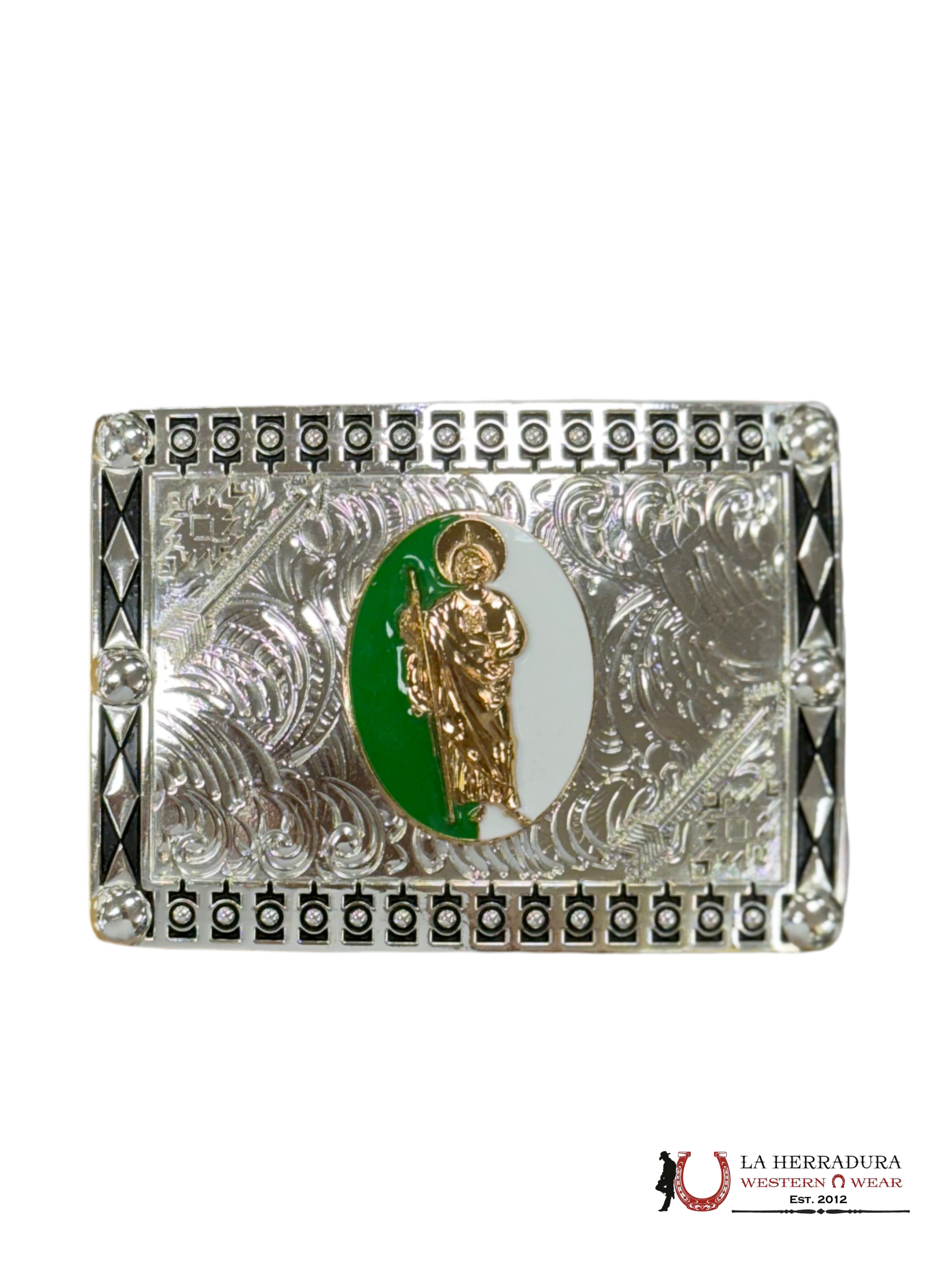 BLACK AND SILVER DETAILS SAN JUDAS SQUARE BUCKLE ACCESORIOS