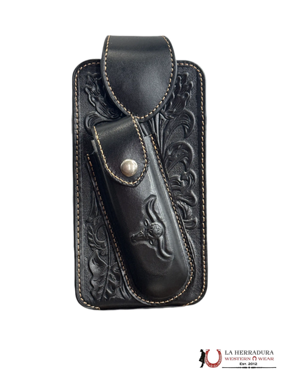ESTUCHE PARA TELÉFONO Y CUCHILLO DE TORO CINCELADO NEGRO