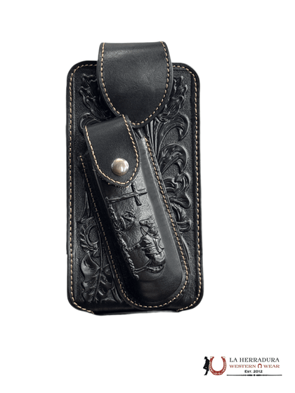 FUNDA PARA TELÉFONO Y CUCHILLO DE JINETE CINCELEADO NEGRO