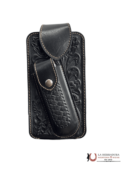 FUNDA DE TELÉFONO Y CUCHILLO DE TEJIDO CINCELADO NEGRO