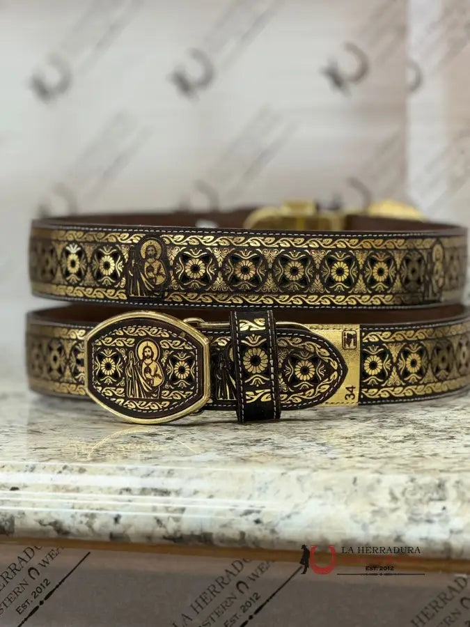 Black & Gold Detail Green San Judas 2In Belt Cinturones Hombres