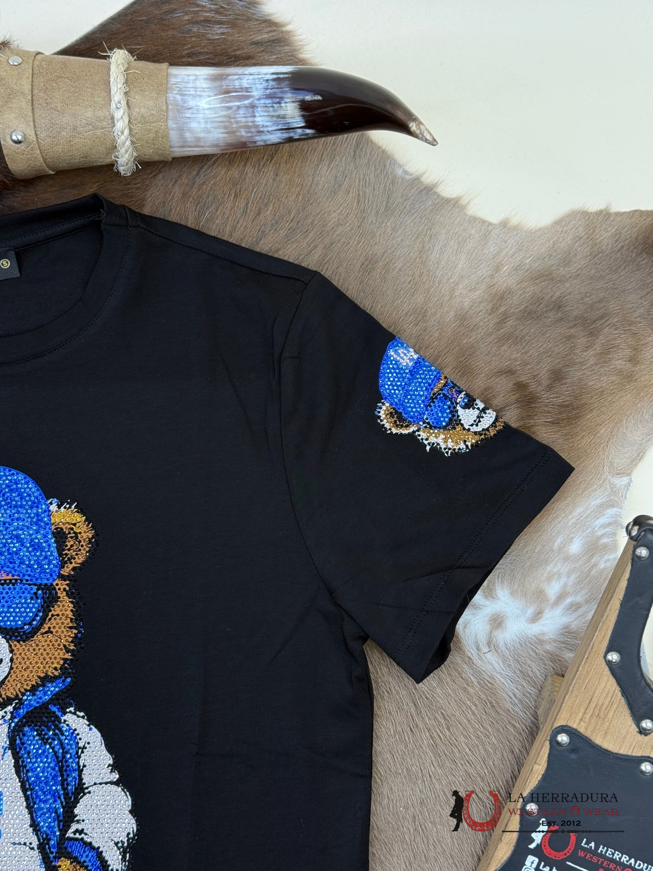 Black Short Sleeve Shirt Blue Bear With Blue Glasses With Sparkles Men ROPA HOMBRES