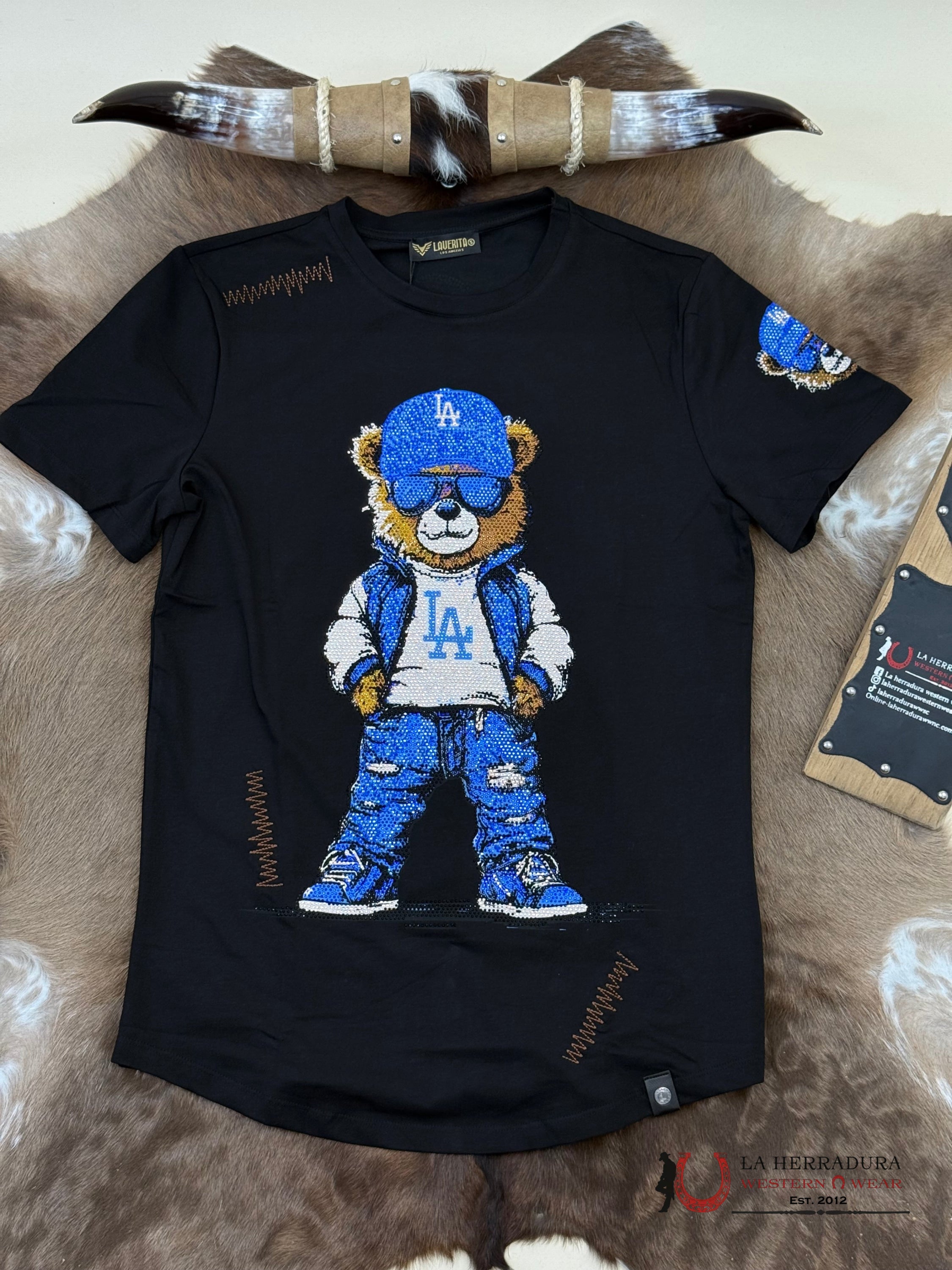 Black Short Sleeve Shirt Blue Bear With Blue Glasses With Sparkles Men ROPA HOMBRES
