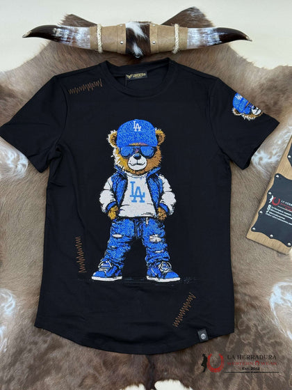 CAMISA NEGRA MANGA CORTA OSO AZUL CON GAFAS AZULES CON BRILLOS HOMBRE